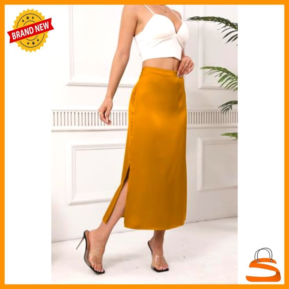 Satin Midi Skirt High Waisted Elastic Flowy Ruffle Cocktail Party Work - Picture 2 of 6